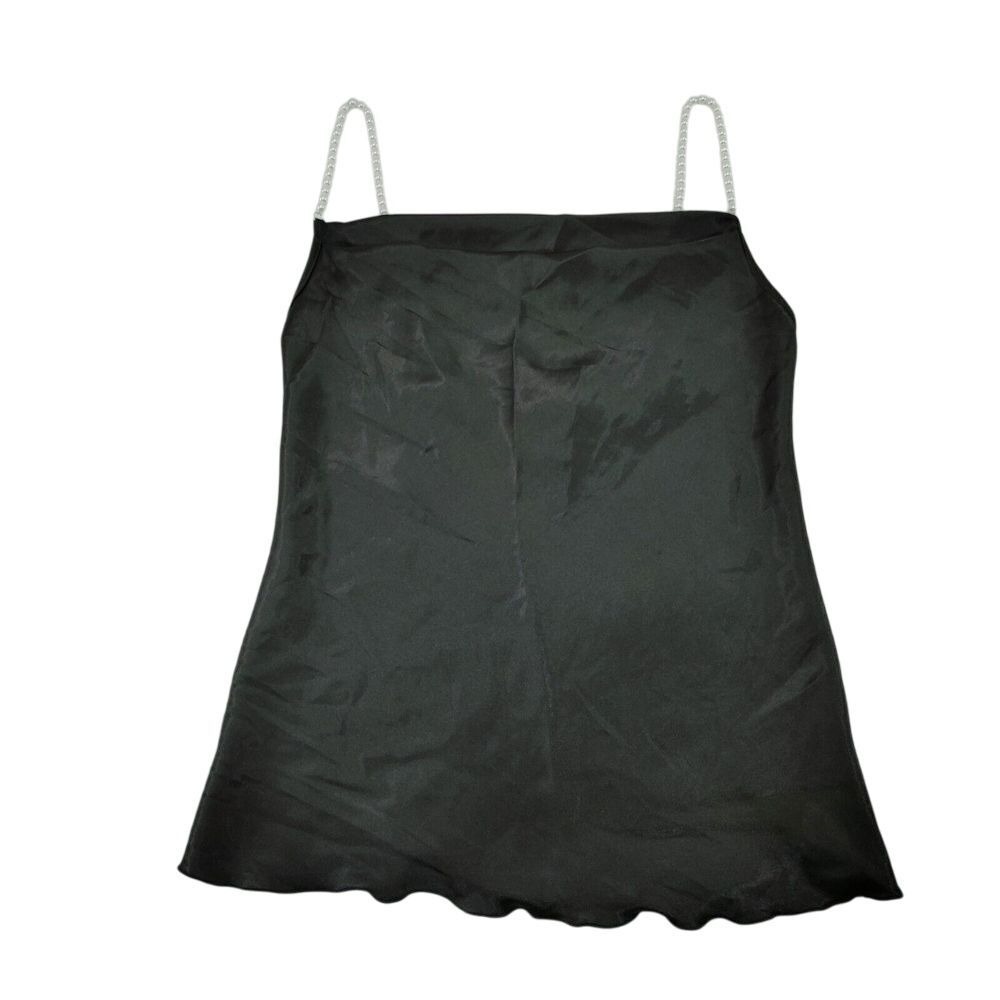Nicole Miller Elegant Black Cami Top with Scalloped Hem and Pearl Straps Size M